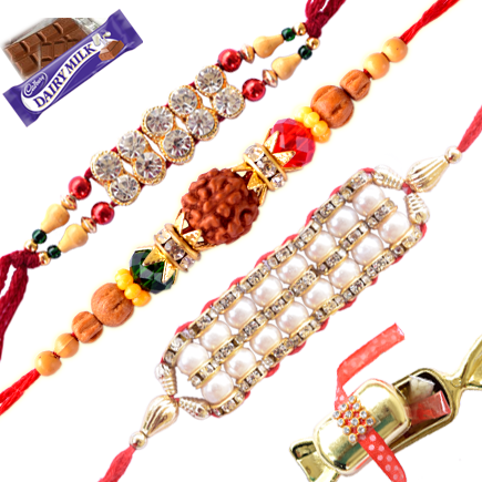 Rudraksh Rakhi With Two Beautiful Diamonds Rakhi (3 Rakhi Combo)