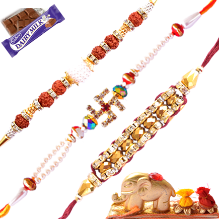 Rudraksh And Swastik Rakhi With Fancy Rakhi (3 Rakhi Combo)