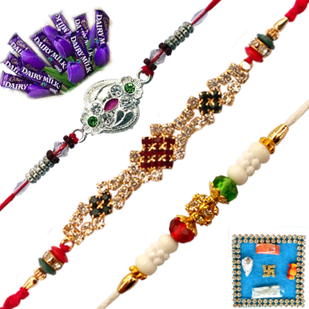 3 Rakhi Combo - Gold Diamond Silver And Pearl Rakhdi