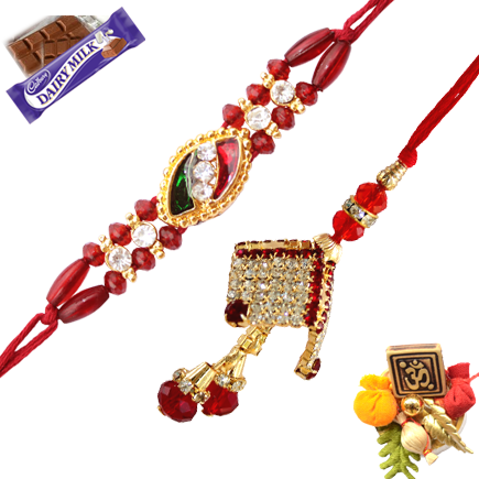 Duzzling  Diamonds Lumba  With Red Beads Bhaiya Rakhi