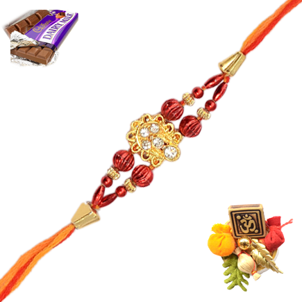 Elegent Gold Plated American Diamond Rakhi With Beads