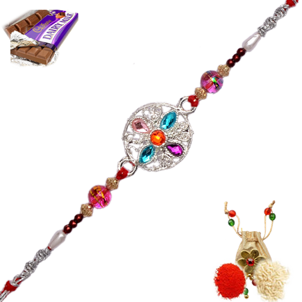 Silver Plated Designer Rakhi Made From Imitation Stone And Beads