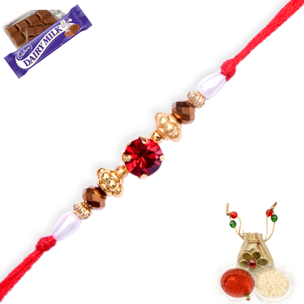 Ruby Rakhi With Imitation Stones And Beads