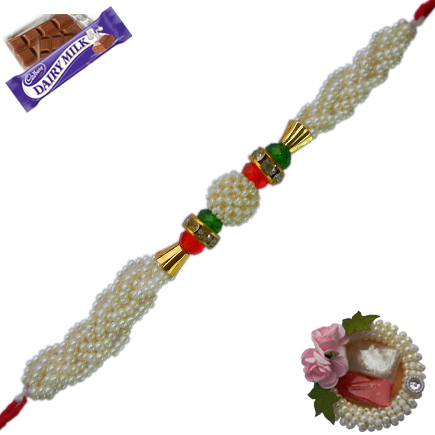 Exotic White Pearl Gunthali Rakhi With Diamonds And Beads