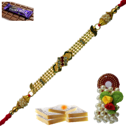 Designer Golden Rakhi With Pearls