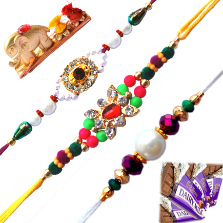 Multi Colors Beads And Pearls Rakhdi (3 Rakhi Combo)