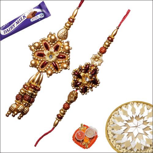 Golden Beads Bhaiya Bhabhi Rakhdi Set