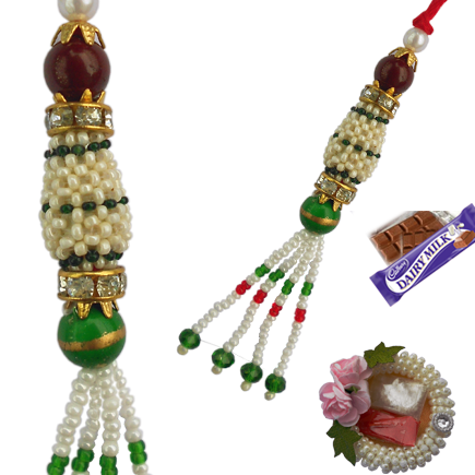 Elegant Green and Red Pearl Lumba Rakhi With Beads