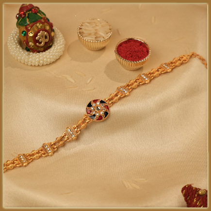 Elegant Golden Rakhi With Diamonds and Meenakari