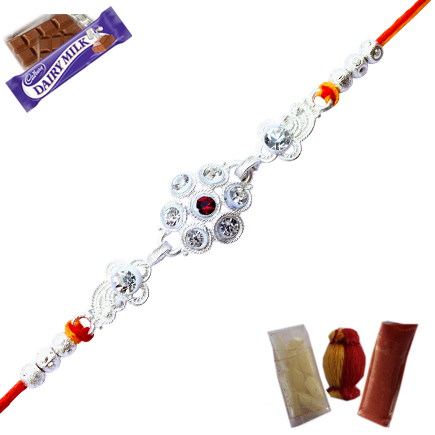 Silver Rakhi With White And Red Diamond